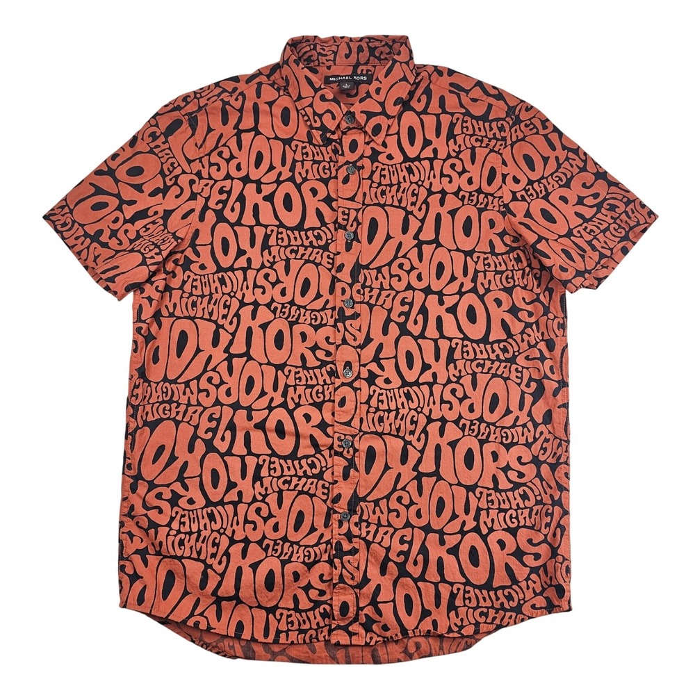Michael Kors Mens Orange Black All Over Logo Print Button Up L Retro Graffiti